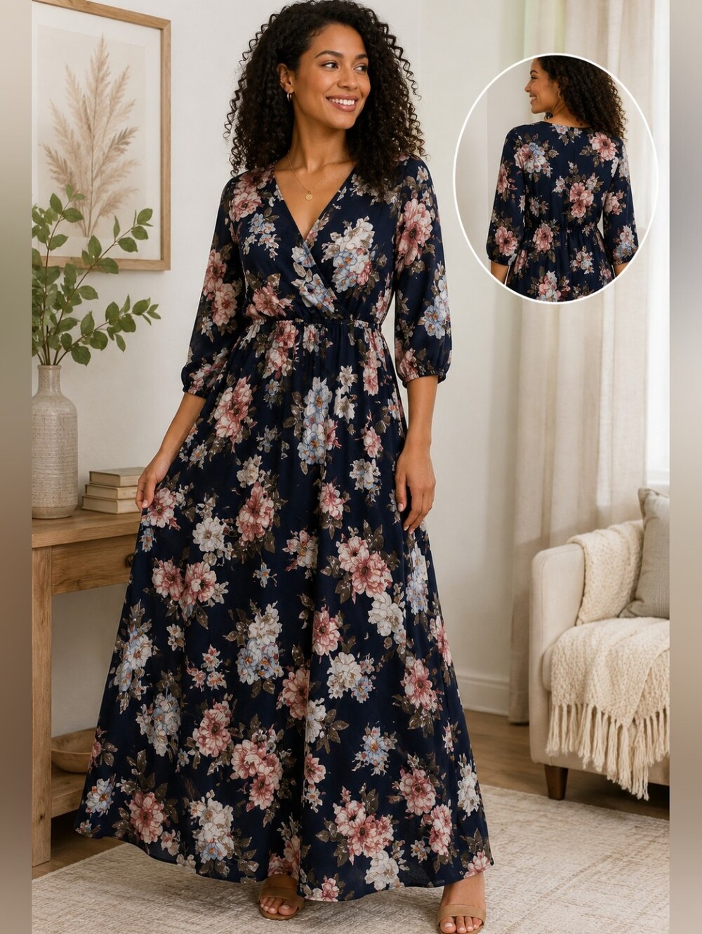 Anrabess Navy Floral Faux Wrap Maxi Dress Boho Long Sleeve Size Medium